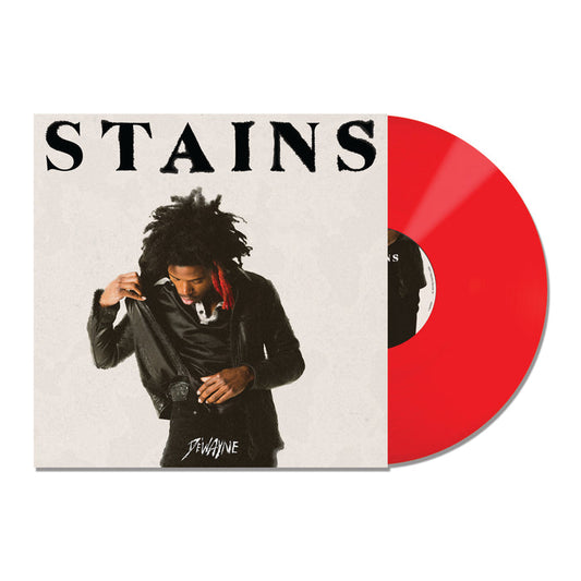 Vinyl Album cover on a white background. Album cover has black text "STAINS" at the top. Image of De'Wayne below. Vinyl is Red.