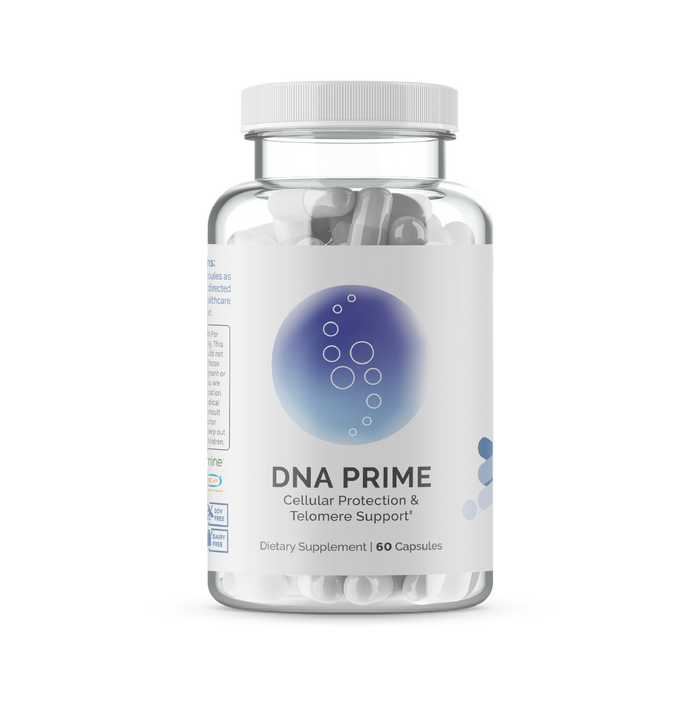 InfiniWell DNA PRIME dietary supplement bottle with white capsules, front label, 60 capsules.