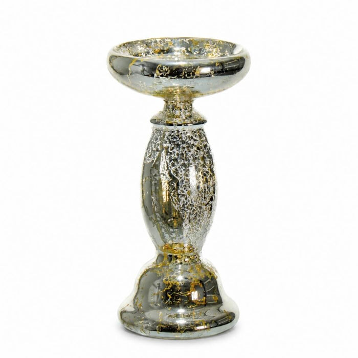 8.5" Unique Mercury Glass Pillar Candle Holder on a white backdrop