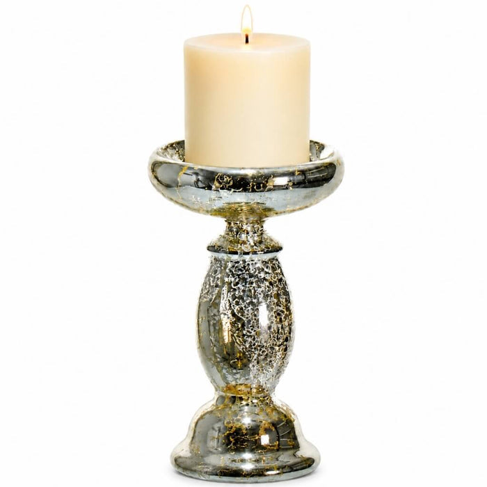 Unique Mercury Glass Pillar Candle Holder with a candle