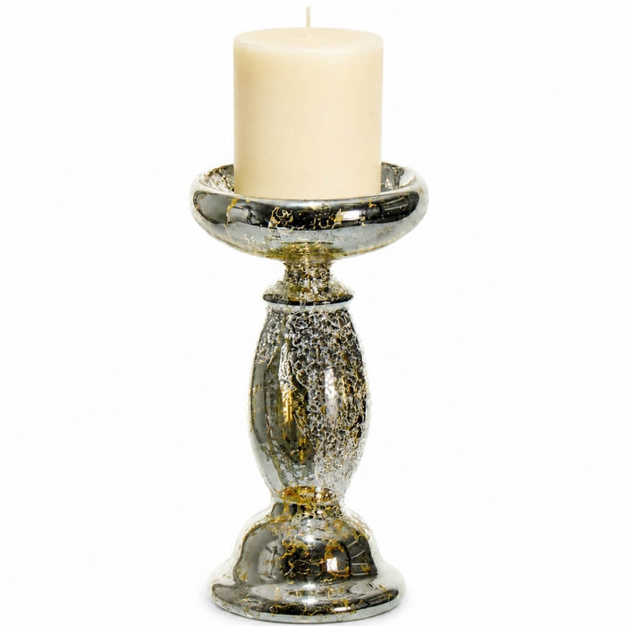 8.5" Unique Mercury Glass Pillar Candle Holder with a candle