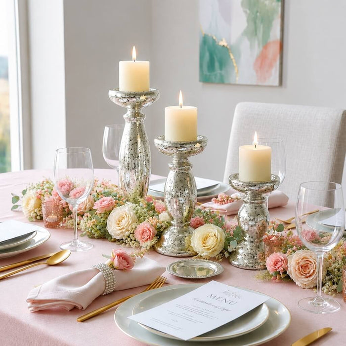 Unique Mercury Glass Candle Holders with candles and floral decor