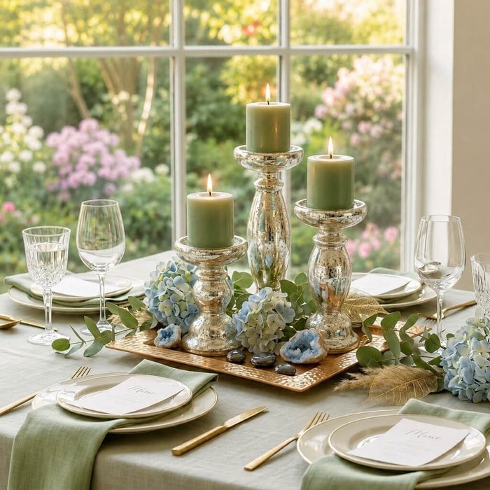 Mercury Glass candle holders with green candles and flowers