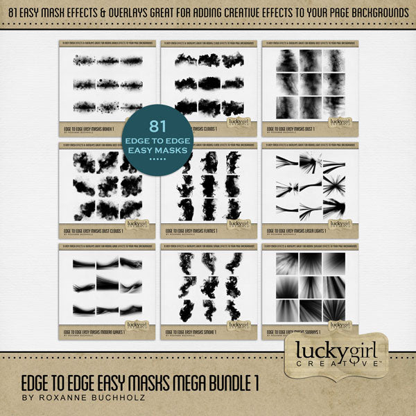With 81 unique photo masks supplied as both standard and inverse embellishments, these digital photo masks by Lucky Girl Creative can be filled with paper or photos, colorized, or used as Blend effects. In Photoshop, drop the photo mask on your page, overlay with your favorite photo, and create a clipping path for a stunning result.