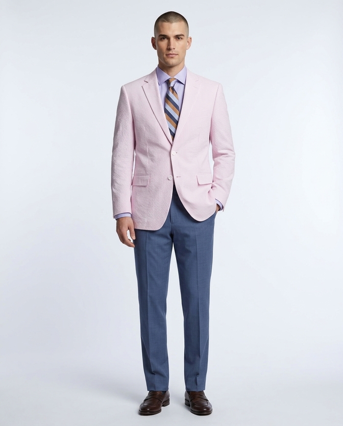 Emigre Classic Fit Pink Striped Two Button Cotton Seersucker Blazer Sportcoat