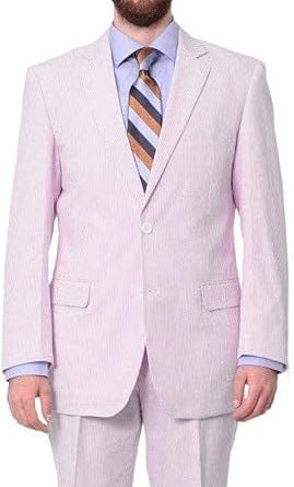 Emigre Classic Fit Pink Striped Two Button Cotton Seersucker Blazer Sportcoat