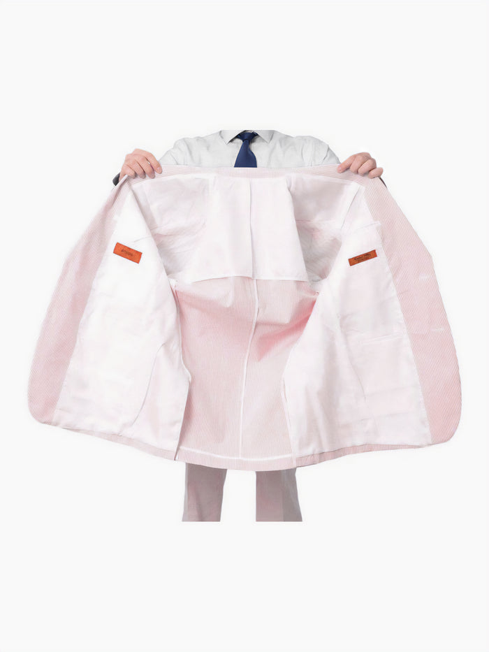 Emigre Classic Fit Pink Striped Two Button Cotton Seersucker Blazer Sportcoat