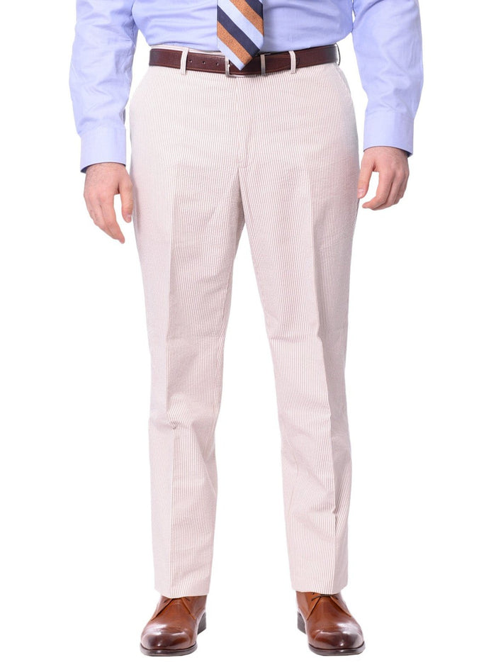 Emigre PANTS Emigre Mens Classic Fit Tan Pinstriped Cotton Seersucker Pants