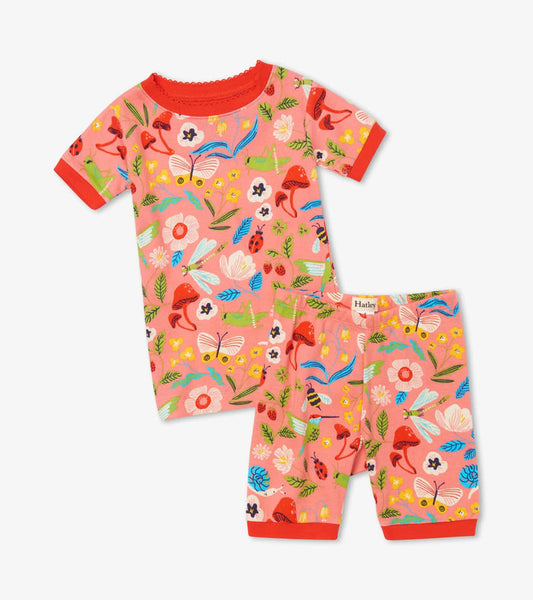 Hatley girls Enchanted Garden organic cotton short pajama set in Coral with matching shorts.