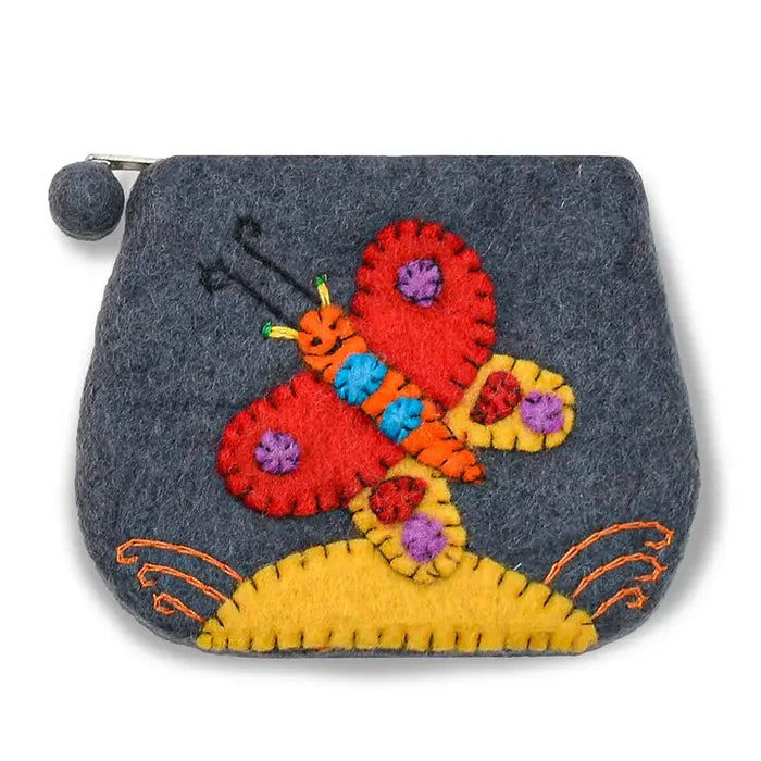 Felted Butterfly with Flower Coin Purse-Gray