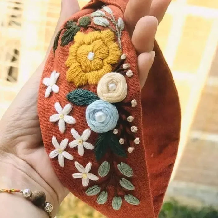 Flower Embroidered Linen Knot Turban, Collection Ariana