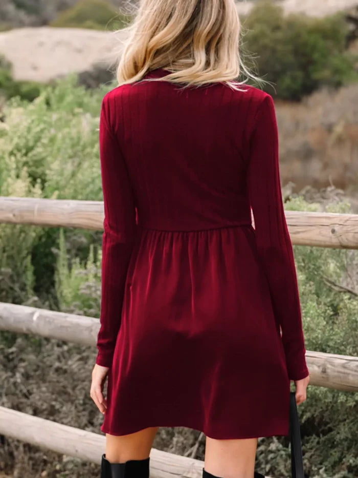 Frilled Neck Ribbed Knit Patchwork Long Sleeve Mini Dress
