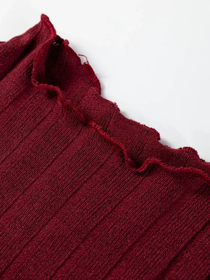 Frilled Neck Ribbed Knit Patchwork Long Sleeve Mini Dress
