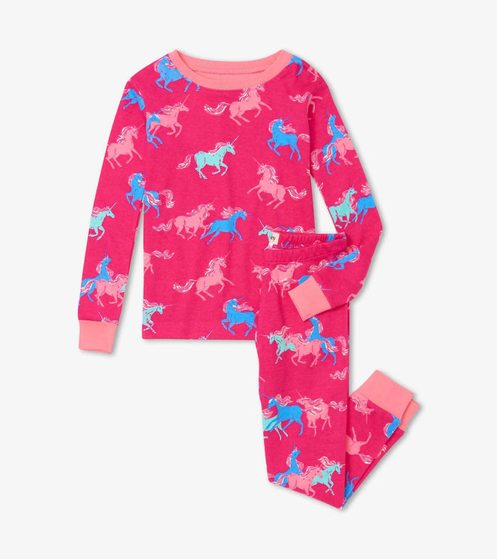 Hatley girls Frolicking Unicorns organic cotton pajama set in Pink with long sleeves and matching pants.