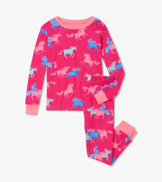 Hatley girls Frolicking Unicorns organic cotton pajama set in Pink with long sleeves and matching pants.