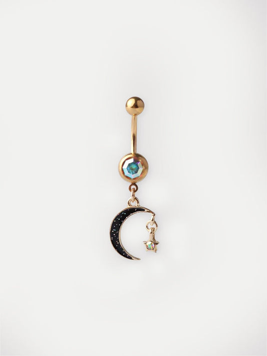 Gem Gold Moon Star Navel Barbell 14G | Aurora Borealis-Image 1