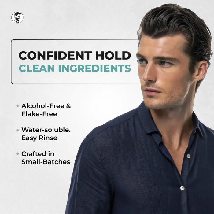 Gentlemen Republic Man wearing a navy shirt with text about product features on a light gray background