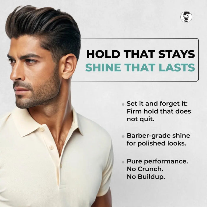 Gentlemen Republic Advertisement for hair product with a man in a white shirt and text about product features.