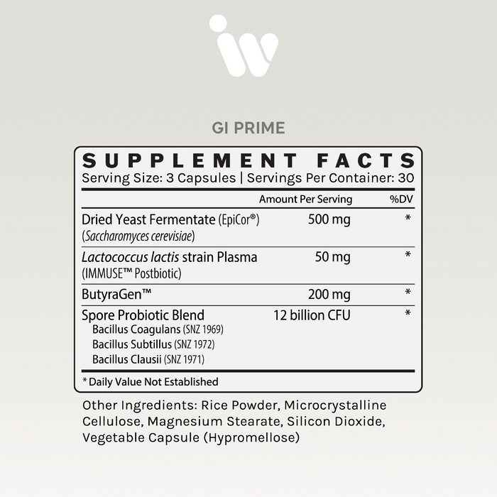 Supplement Facts panel for InfiniWell GI PRIME prebiotic, probiotic, and postbiotic dietary supplement.