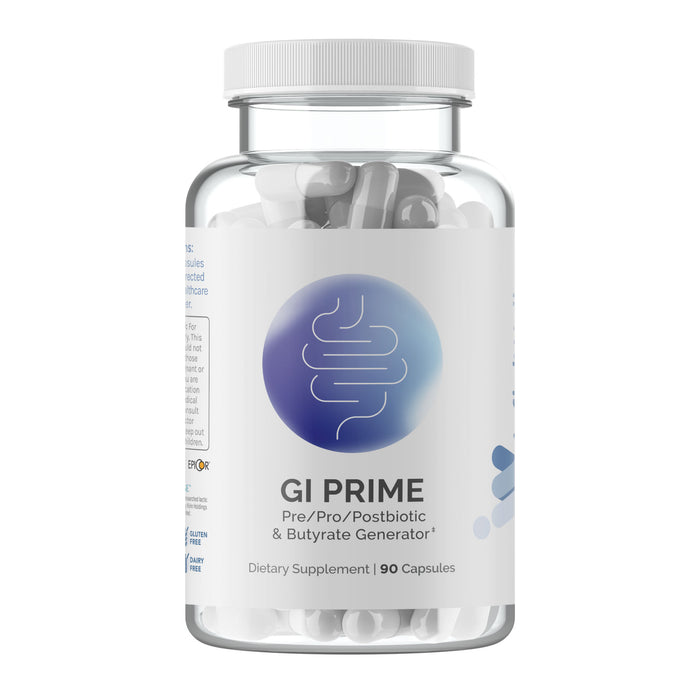 InfiniWell GI PRIME prebiotic, probiotic, and postbiotic dietary supplement bottle, 90 capsules.