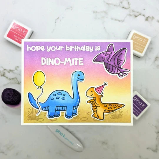 Gina K. Designs - Stamp & Die Set - Dino-mite. Set by Beth Silika. At Embellish Away in Bowmanville Ontario Canada. Example by Gina K. Designs
