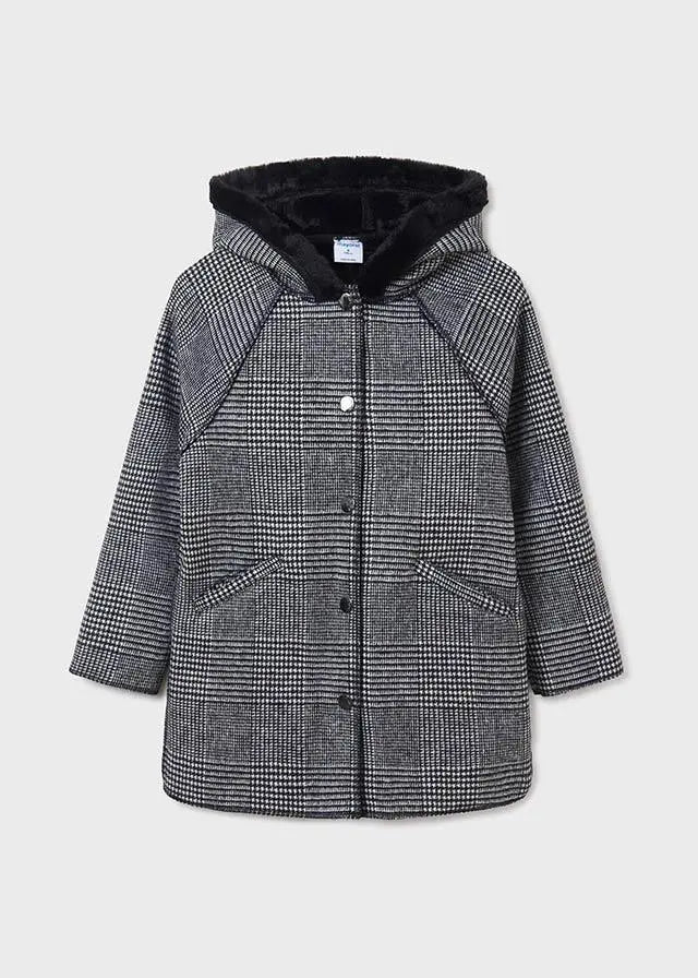 Mayoral girls black and gray plaid hooded coat with button front and black faux-fur style hood trim.