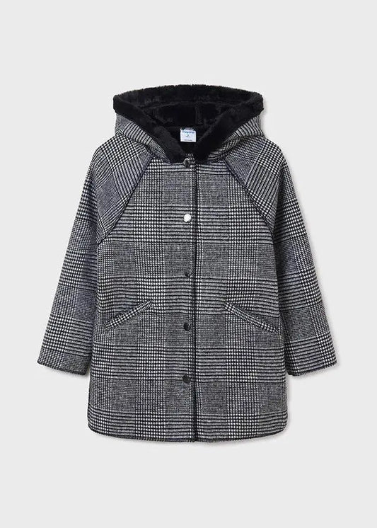 Mayoral girls black and gray plaid hooded coat with button front and black faux-fur style hood trim.
