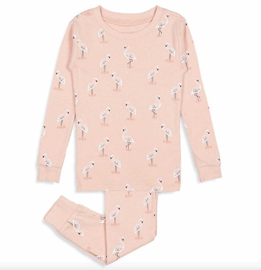 Petit Lem girls Flamingo print pajama set in Light Pink with matching cotton pants and cuffed jogger legs.