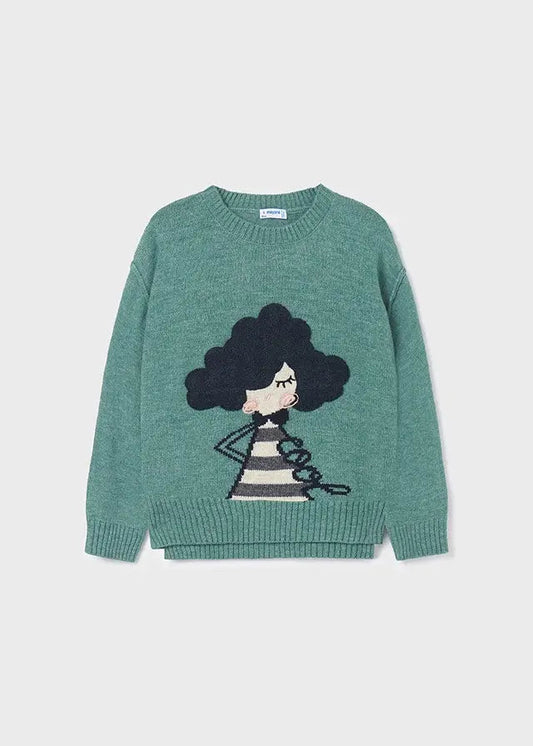 Mayoral girls graphic knit sweater in teal green with front girl artwork.