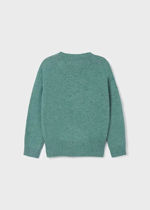 Back view of Mayoral girls teal green knit sweater with long sleeves and ribbed hem.