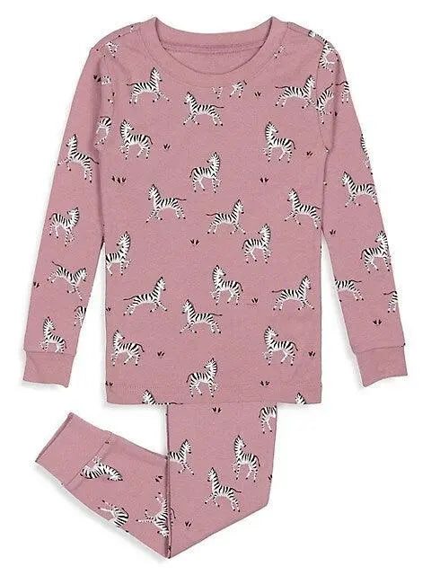Petit Lem girls Zebra Print cotton pajama set in Mauve with long sleeves and matching cuffed pants.