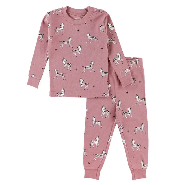 Petit Lem girls two-piece zebra pajama set with soft cotton top, elastic waist, and jogger-style pants.