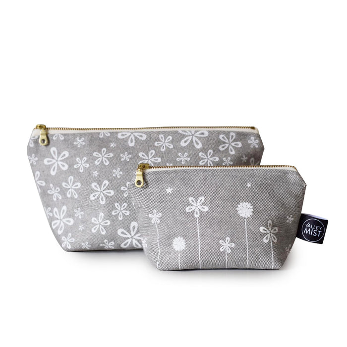 Grey screen printed Suzanne Kate makeup bags