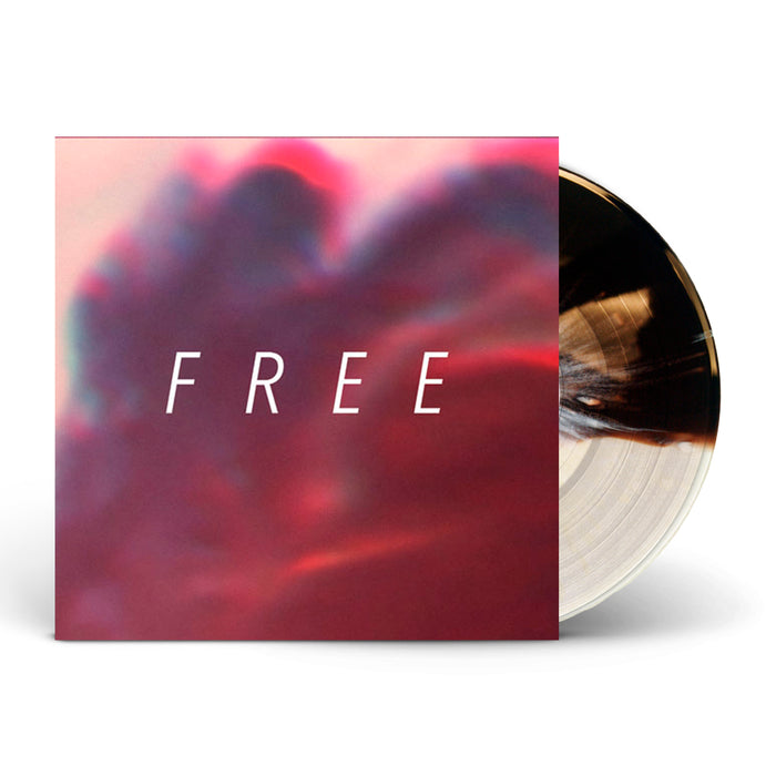 A Hundredth vinyl record partly out of its sleeve, set against a blurred pink and purple background with FREE in bold white letters—special Half Clear + Half Chocolate w/ Cream Splatter LP edition.