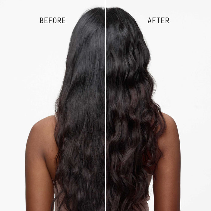 Before-and-after back view portrait showing hair transformation after one use of Cécred Hydrating Shampoo, with improved smoothness and shine for dark, wavy hair.