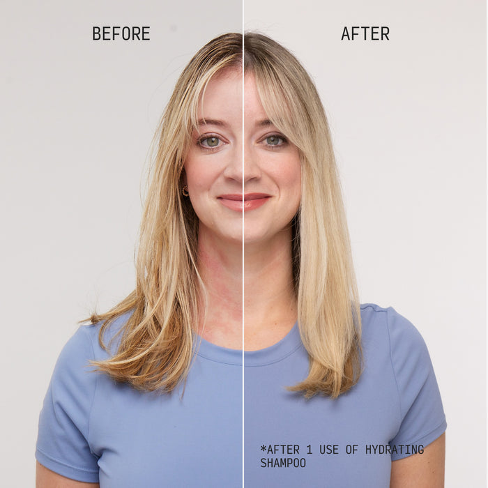 Before and after split image showing hair transformation after one use of Cécred Hydrating Shampoo, with improved smoothness and shine on blonde bleached straight hair
