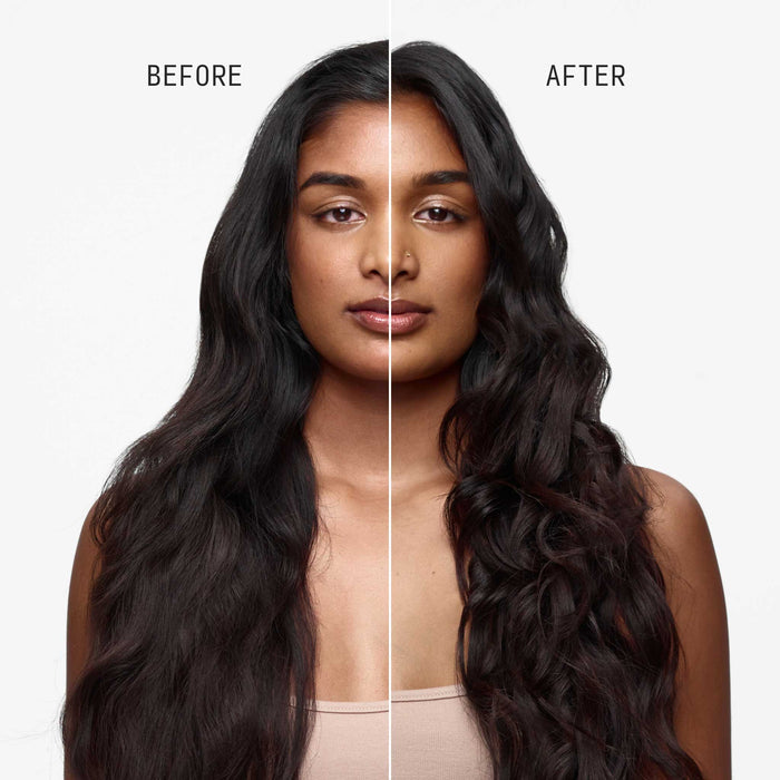 Before and after split image showing hair transformation after one use of Cécred Hydrating Shampoo, with improved smoothness and shine on dark wavy hair