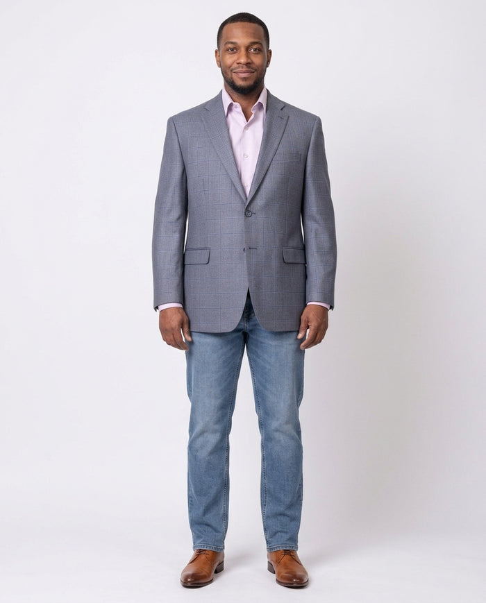 I Uomo Mens Blue Plaid Windowpane 100% Wool Regular Fit Blazer Sportcoat