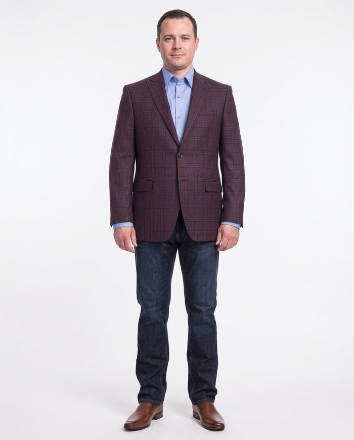 I Uomo Mens Regular Fit Burgundy Plaid 2 Button Wool Blazer Sportcoat - The Suit Depot