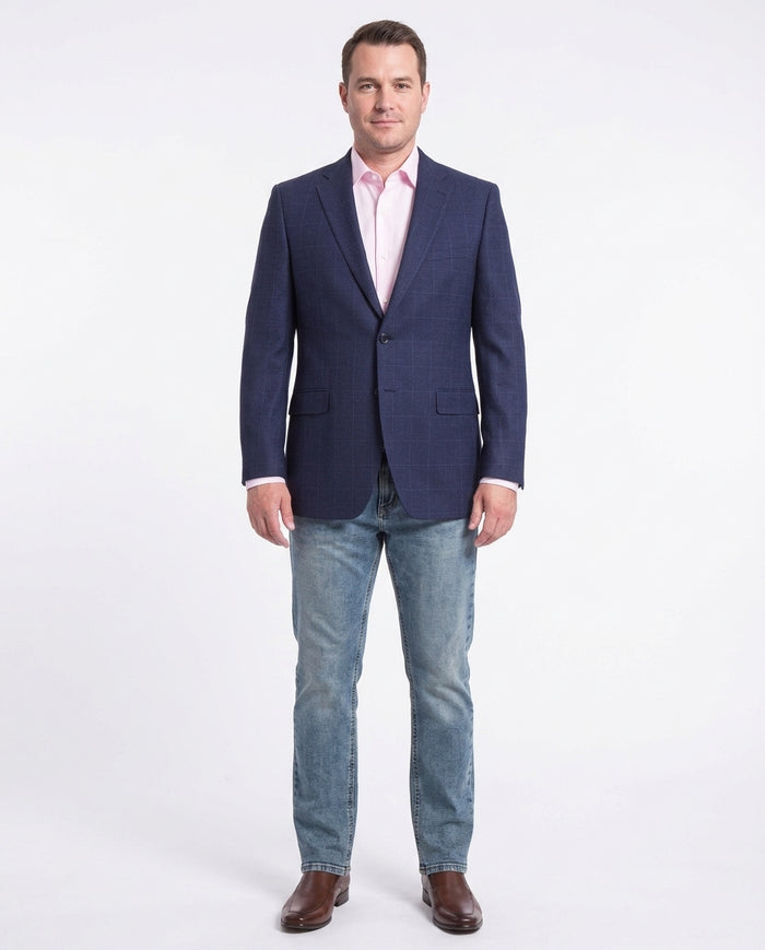 I Uomo Mens Regular Fit Navy Blue Check 2 Button Wool Blazer Sportcoat
