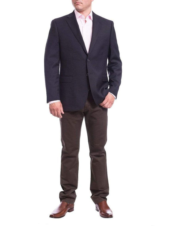 I Uomo Mens Bestselling Jackets I Uomo Mens Regular Fit Navy Blue Textured 2 Button Wool Blazer Sportcoat