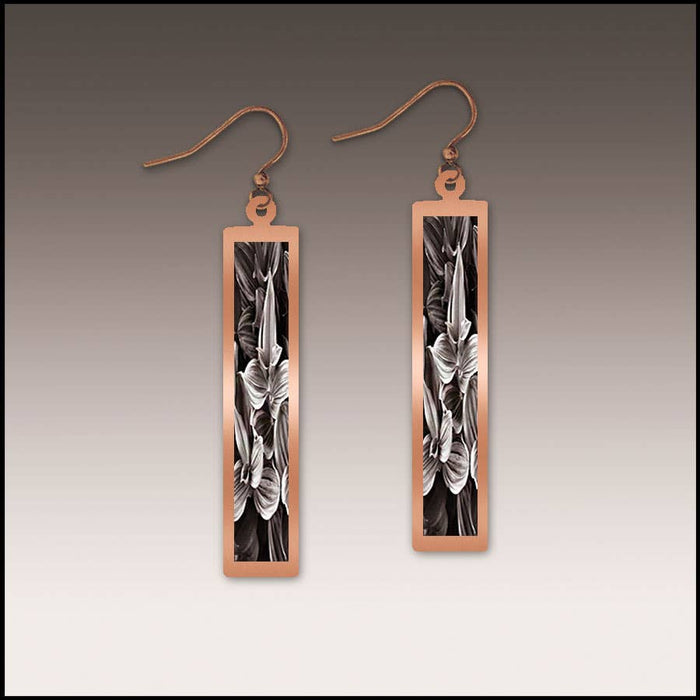 Illustrated Light & DC Designs - Black and White Floral Rectangle Copper Handmade Earrings