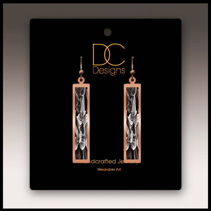 Illustrated Light & DC Designs - Black and White Floral Rectangle Copper Handmade Earrings