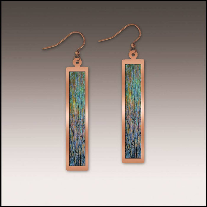 Illustrated Light & DC Designs - Blue Branches Artistic Copper Show case Rectangle Earrings
