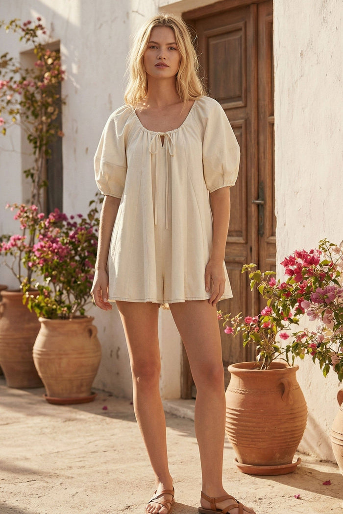 IR2141-G TWILL OVERSIZED SCOOPNECK PUFF SLEEVE ROMPER