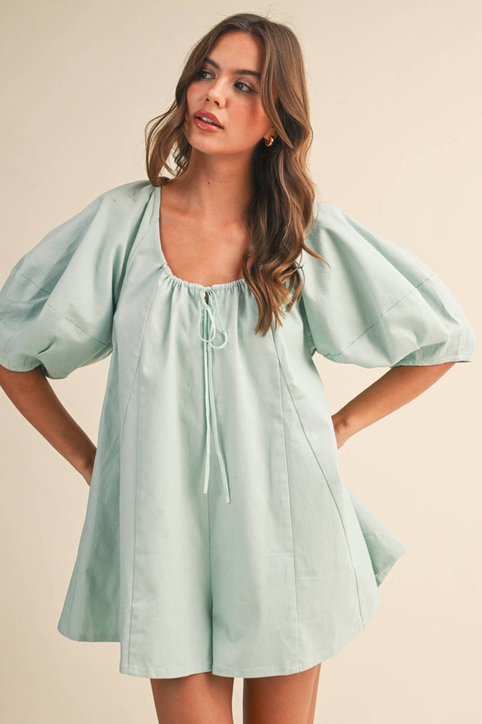 IR2141-G TWILL OVERSIZED SCOOPNECK PUFF SLEEVE ROMPER