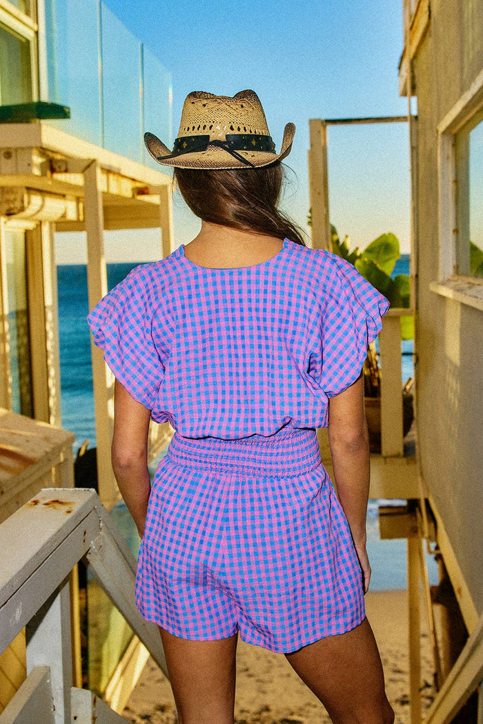 IR5788 Ruffled Detail Gingham Smocked Waist Romper