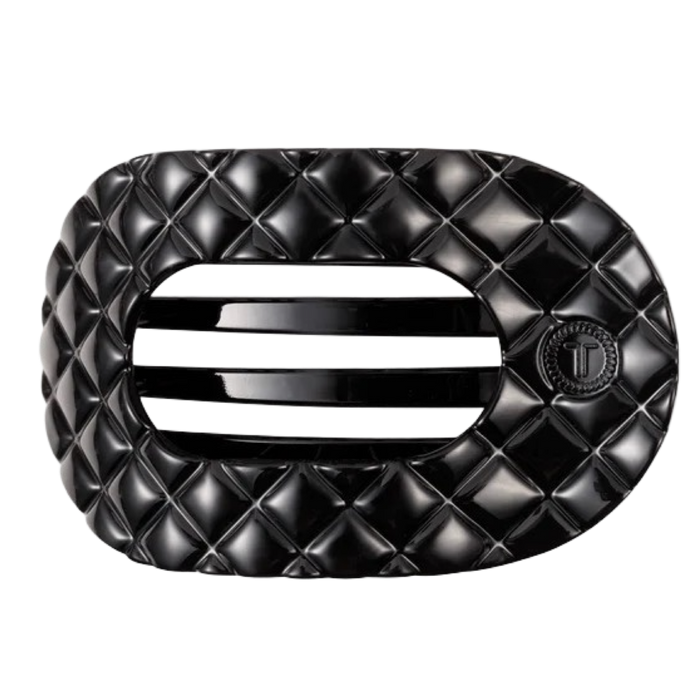 Teleties hair clip, jet black quilted hair clip, medium flat hair clip, round hair clip, comfortable hair clip, flat back clip, durable hair clip, stylish hair accessory, non-slip hair clip, Teleties medium clip