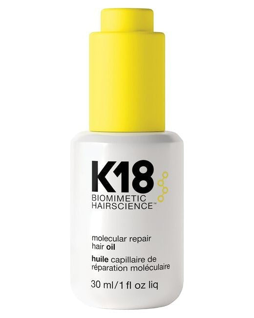 Hair Care Canada K18 Molecular Repair Hair Oil bottle with a bright yellow cap and white label for frizz control.