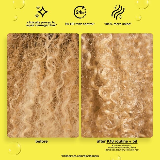Hair Care Canada before and after comparison of curly hair treated with K18 Molecular Repair Hair Oil for shine